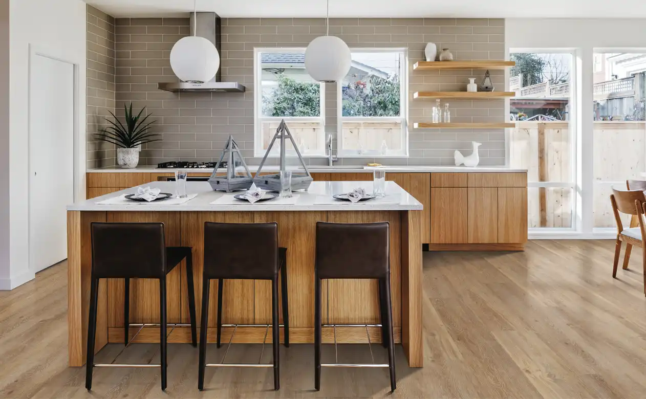 Modern wood cabinet kitchen with long subway tile backsplash